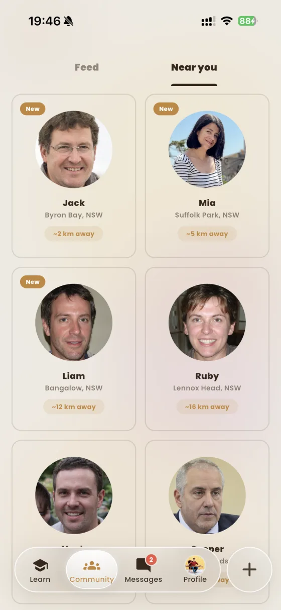 Near you: nearby players, with their town and distance