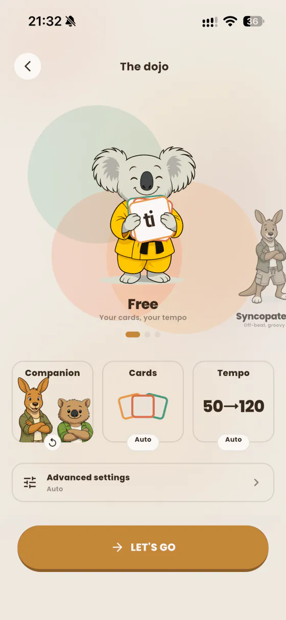 The dojo: choose your rhythm style, your companion, your cards and your tempo