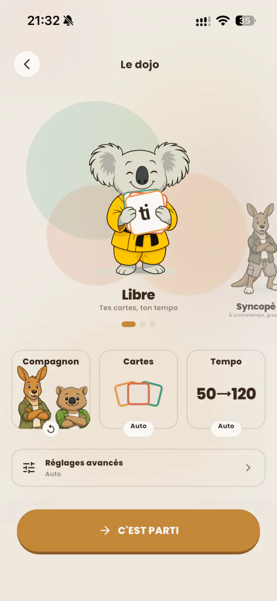 Le dojo : choisis ton style de rythme, ton compagnon, tes cartes et ton tempo